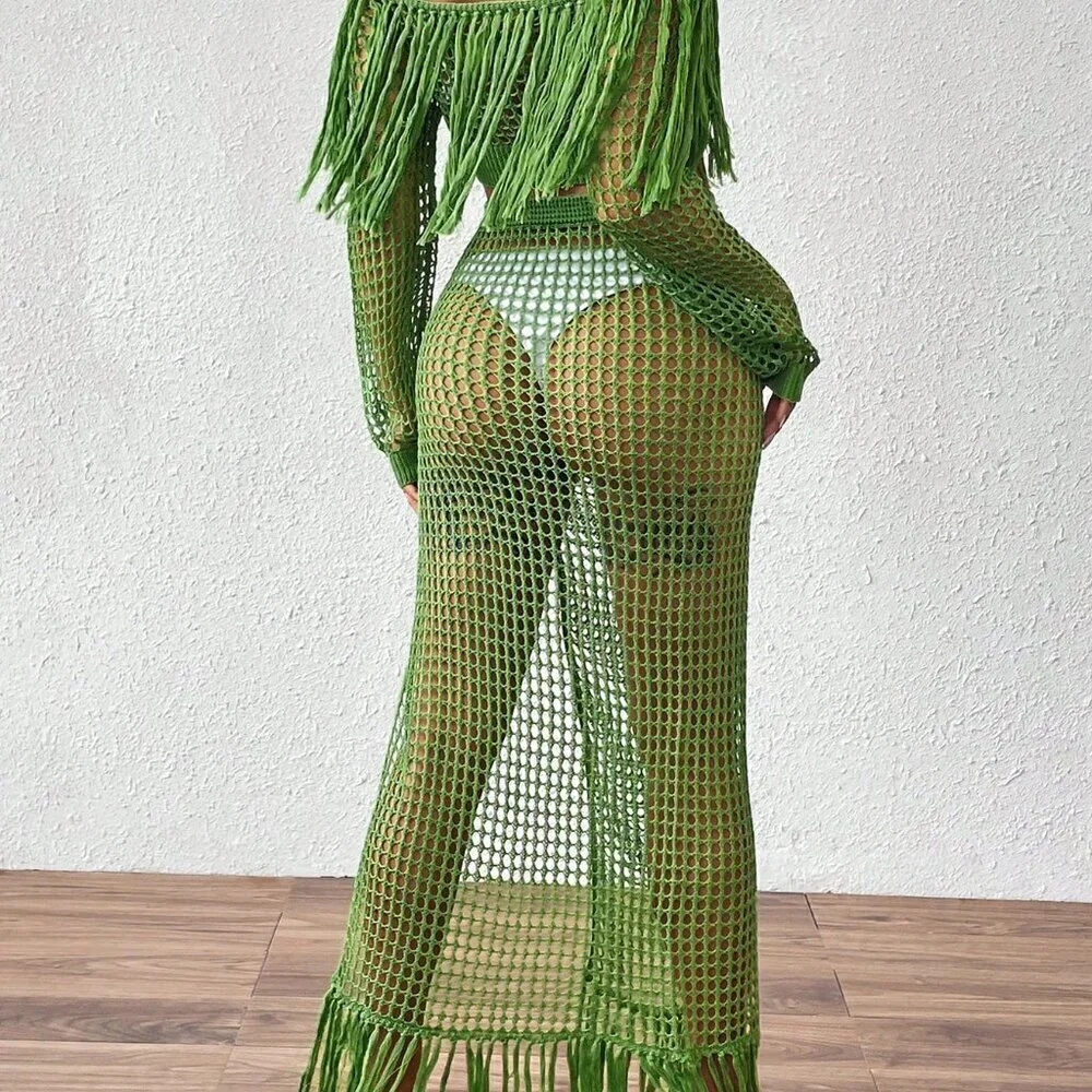 Green Sexy Women's Crochet Hollow Fringe Hem Cover Up Tops